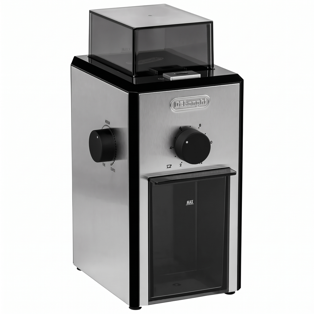 Molinillo de café profesional DeLonghi KG89 KG 89 para hasta 12 tazas, carcasa de plástico, plateado, 110 vati